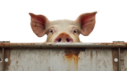 sad pig looking through gap in steel gate