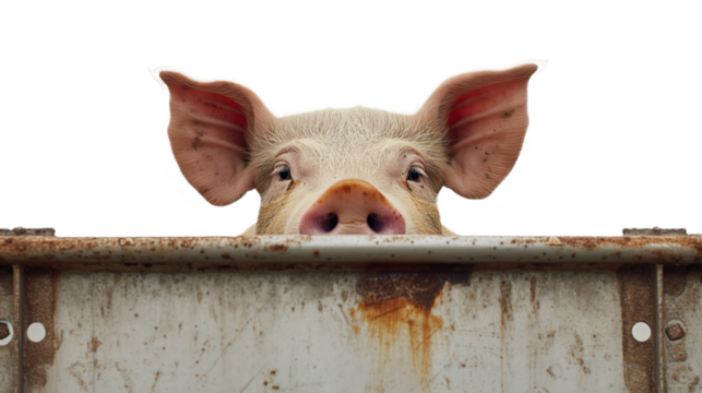 sad pig looking through gap in steel gate