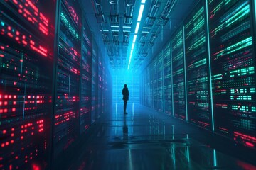 A person standing in a futuristic data center with illuminated digital racks, representing technology and information.