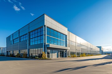 A modern industrial warehouse exterior with a wide angle view under a clear sky.