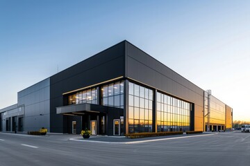 Fototapeta na wymiar A modern industrial warehouse exterior with a wide angle view under a clear sky.