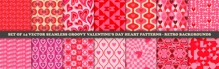 Big Collection of 1970s Groovy Hearts Seamless Patterns in Pink, Red Colors. Trendy Vector Valentine's Day endless Illustrations. Seventies Style, Groovy Love Backgrounds. Hippie Aesthetic