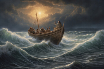 Jesus walks on water and calms the stormy sea - obrazy, fototapety, plakaty