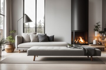 Fototapeta premium Rustic scandinavian Interior home design of modern living room with gray sofa and fireplace with green ornamental plants near the window