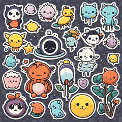 Cute creatures and monsters pattern in isolated grey background