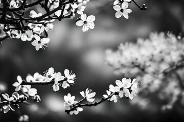 Black and white photograph featuring stark contrasts of apricot blossoms on branches