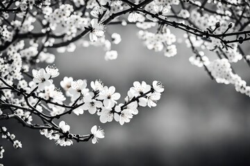 Black and white photograph featuring stark contrasts of apricot blossoms on branches