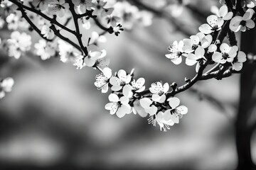 Black and white photograph featuring stark contrasts of apricot blossoms on branches