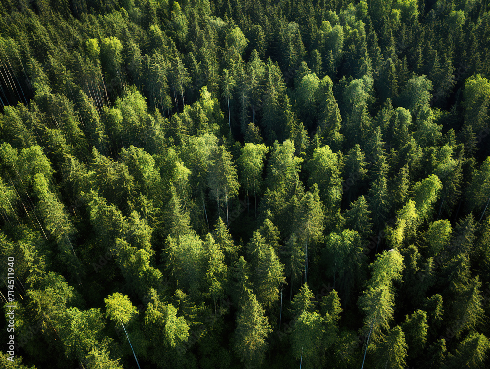 Wall mural awesome aerial top view of summer green trees in forest in rural finland