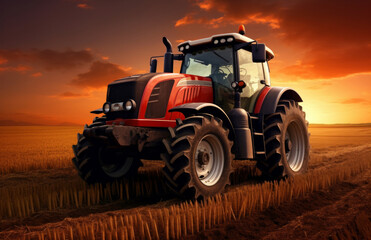 Fototapeta premium tractor in a field at sunset