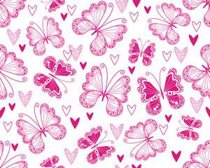 Vector seamless monochrome valentines pink pattern with pink hearts and dotty butterflies in doodle style on a transparent background