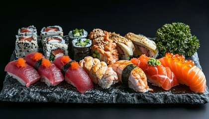 sushi spread on stone on black background
