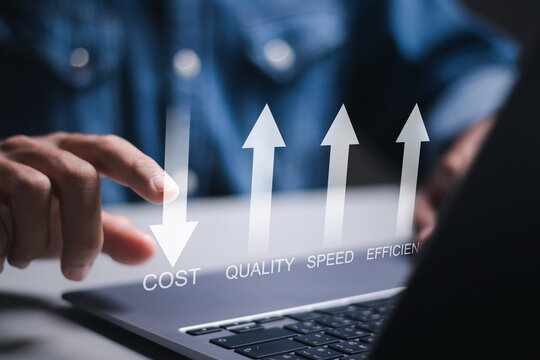 Efficiency business concept. Business people use laptop to analyze performance to increase quality, speed, efficiency, and reduce costs. Business performance management and improvement.