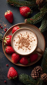 Milk Smoothie with Strawberry, Cozy Christmas Table with Festive Decorations and Delicious Cappuccino with Christmas Pudding, Chocolate, and Cinnamon