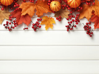 Wonderful Top view of Autumn maple leaves with Pumpkin and red berries on white wooden background