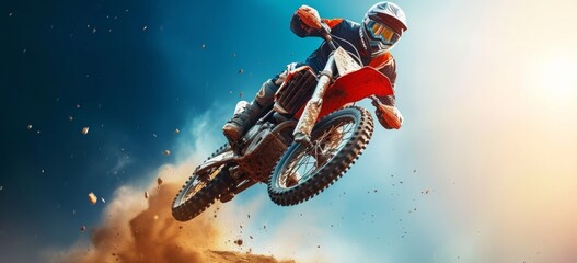 motocross biker is riding his dirt bike in the air,