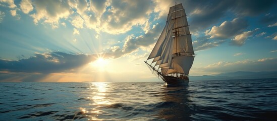 Yacht sails billowing in ocean winds. - obrazy, fototapety, plakaty