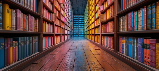 library with many colorful books in front of bookshelves