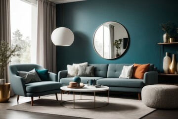 scandinavian interior home design of modern living room with gray sofa and round table with home decoration against blue wall