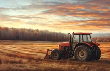 tractor in a field at sunset
