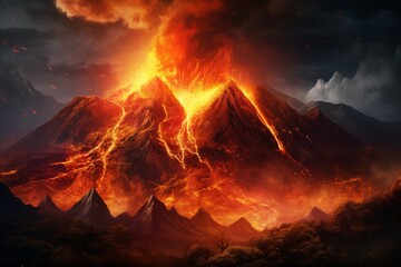 the volcano is raining lava off of the mountain