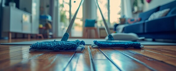 two pairs of mops on a wooden floor inside a living room - obrazy, fototapety, plakaty
