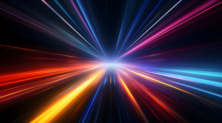 Colorful neon light lines running down on black background. Abstract neon light background, moving high speed, space scene, spotlight, dark night,  futurism, light beams.