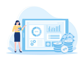 women analyze data graphs of growth and money earnings concept flat illustration