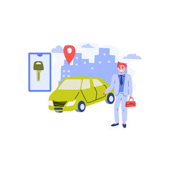 rent car sharing concept, transportation carsharing service . Vector illustration with modern cityscape background. man using mobile app ordering automobile vehicle with electronic key. 