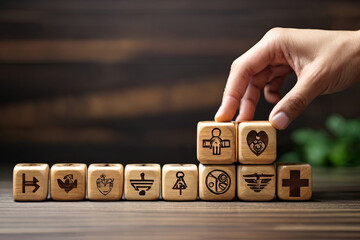 Secure your health. Creative concept with hands arranging healthcare cubes on wood background. Perfect for illustrating health insurance and financial wellness. Copy space available.