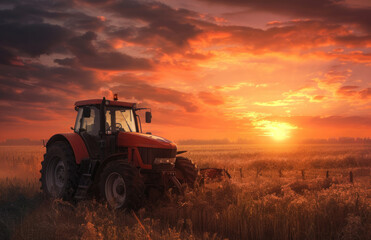 tractor in a field at sunset
