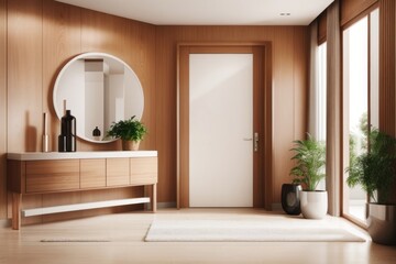 Interior home design of modern entrance hall with wooden door and chairs with wooden panel wall