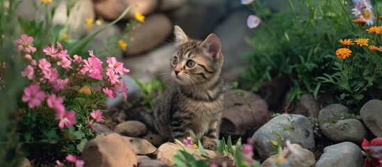 Naklejka na ściany i meble Kitten perches amidst flowers and stones.