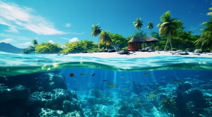 Fototapeta na wymiar island scene underwater with tropical reef tropical underwater