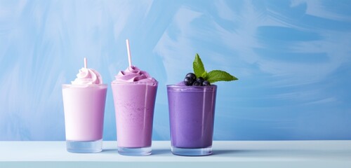 two purple fruit yogurt smoothies on a table