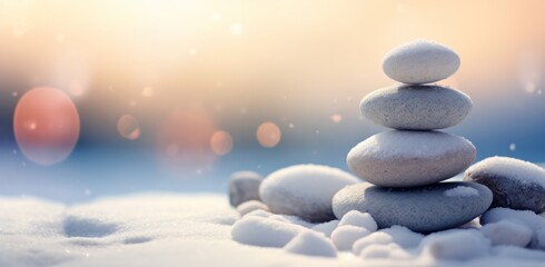 Fototapeta na wymiar pebbles stacked on a snow covered field