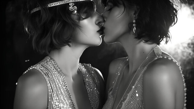 In a 1920s black-and-white photograph, two flapper women share a tender kiss, expressing their affection