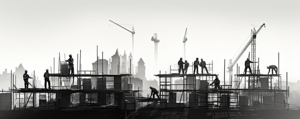 Flat illustration with silhouettes of builders, cranes and construction sites on a white background. Banner. The concept of new construction. - obrazy, fototapety, plakaty