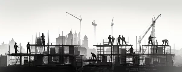 Fotobehang Flat illustration with silhouettes of builders, cranes and construction sites on a white background. Banner. The concept of new construction. © index74