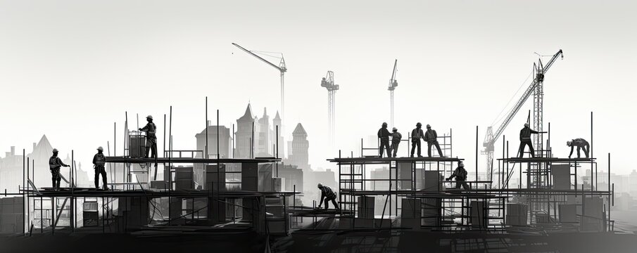 Flat Illustration With Silhouettes Of Builders, Cranes And Construction Sites On A White Background. Banner. The Concept Of New Construction.