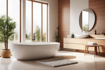 Interior home design of modern bathroom with white elliptical bathtub and houseplants by a large window - Powered by Adobe