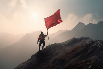 Reaching a goal concept - mountaineer with red flag on mountain with Generative AI technology