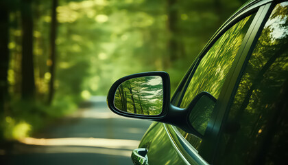 Side mirror on a green car in the forest - obrazy, fototapety, plakaty