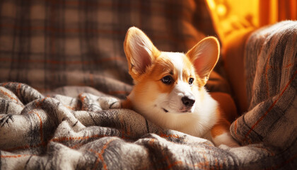 Concept of the National Pet Day. Corgi puppy lies on a cozy sofa covered with a plaid in a living room