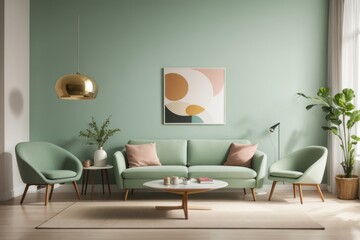 Obraz premium Scandinavian Interior home design of modern living room with green sofa chairs and round table with green wall with art frame poster