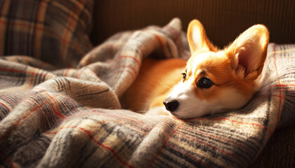 Concept of the National Pet Day. Corgi puppy lies on a cozy sofa covered with a plaid in a living room
