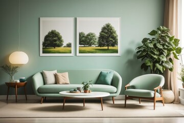 Scandinavian Interior home design of modern living room with green sofa chairs and round table with green wall with art frame poster