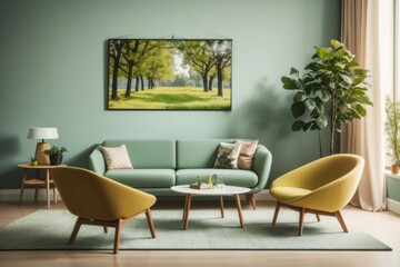 Scandinavian Interior home design of modern living room with green sofa chairs and round table with green wall with art frame poster