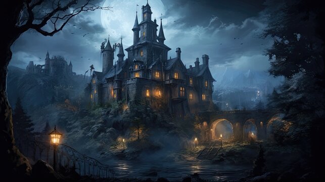 A haunted castle with creaking doors and ghostly apparitions