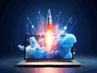 Abstract Rocket Takes off From the Laptop Screen. Spaceship Launch with Smoke. Start Up and Boosting Concept. Low Poly Wireframe Vector Illustration on Technological Blue Background. 3D Effect. 